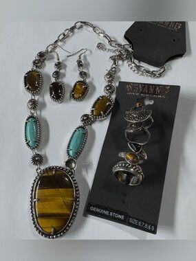 Shyanne Brown Tiger Eye & Turquoise Stone Necklace and Ring Set - Silver